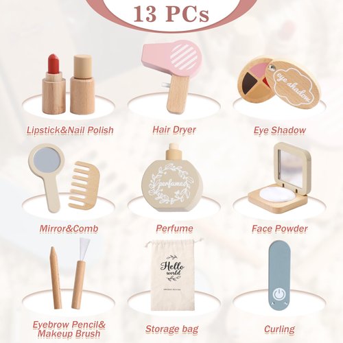 OESSUF Wooden Makeup Toy Sets for Girls, Toddlers Fake Makeup Kit, Pretend Wood Beauty Salon Toys for Kids Little Girls Princess, Christmas Birthday Gift Toy for 3 4 5 6 7 8 9 10 Year Old