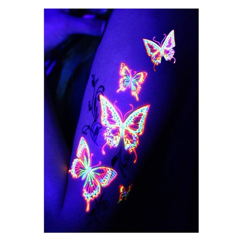 Temporary Tattoos – 1 Sheet Butterfly Design Body Paint Art Blacklight Reactive Light Festival Accessories Glow in the Dark Party Supplies | 7.2” x 5.2” Temp Great for EDM EDC Party Rave Parties