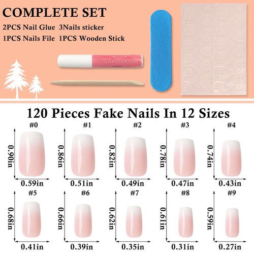 LoveOurHome 120pc Square Press on Nails Medium Fake Nails Ombre Nude False Nails Medium Square Nails Press ons Nail Glossy Artificial Nail Tips Presson Fingernails with Nail Glue Adhesive Tabs