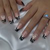 Gufonkod Black Press on Nails Medium Coffin French Tip Fake False Nails with Glue on Nails Butterfly Rhinestone Design Acrylic Nails Press ons Artificial Stick on Nails for Kids Women Girls 24PCS
