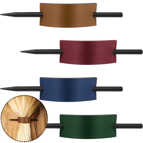 4 Pieces Women's Leather Hair Barrettes and Ponytail Hair Pins - Stick Clips and Accessories in 4 Colors (Khaki, Royalblue, Dark Green, Rose Red)