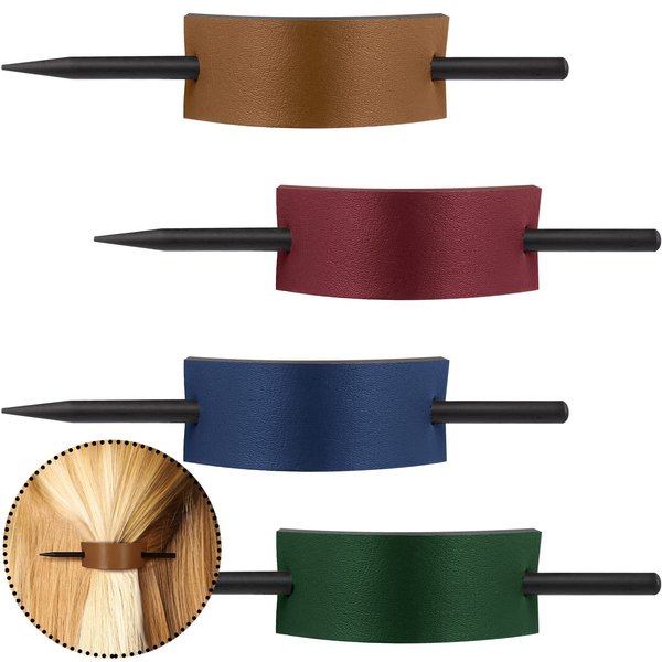 4 Pieces Women's Leather Hair Barrettes and Ponytail Hair Pins - Stick Clips and Accessories in 4 Colors (Khaki, Royalblue, Dark Green, Rose Red)