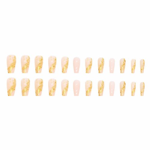 MISUD Long Coffin Press on Nails Ballerina Fake Nails Bling Gold Glitter Artificial Acrylic Nails Glossy Glue on Nails Elegant Nude Pink Gel Stick on False Nails with Design 24 pcs