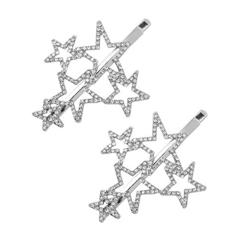 2Pcs Woman Silver Star Shape Shining Rhinestone Crystal Hairpin Hair Clip Metal Alloy Barrettes Hair Accessories for Party Wedding