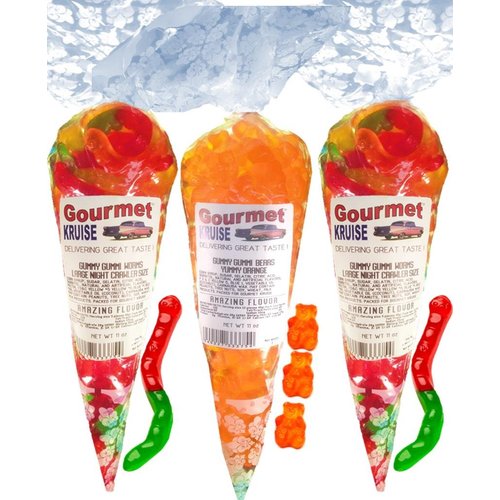 Gummy Worms (2) Wild Fruit Assorted (1) Energy Orange Gummi Bears (NET WT 33 OZ) Gourmet Kruise Signature Gift Bags