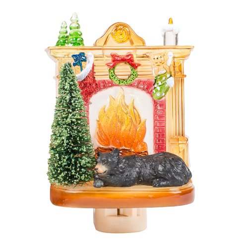 Sleeping Winter Bear by Fireplace 6 x 4 Inch Plastic Swivel Base Wall Plug In Night Light