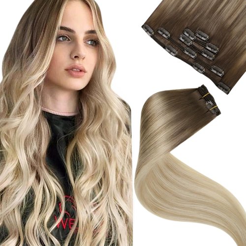 LaaVoo Clip in Hair Extensions Real Human Hair 18 Inch Light Brown Ombre Ash Blonde Mix Platinum Blonde Human Hair Clip in Extensions Blonde Balayage Hair Extensions Clip ins Soft Straight 5pcs/80g