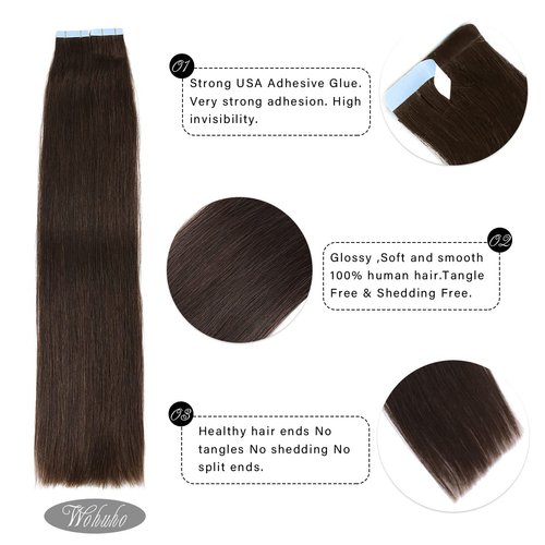 Tape in Hair Extensions Human Hair 100% Real Remy Human Hair 40g 20pcs/Set Brazilian Virgin Hair Straight Seamless Invisible Skin Weft Extensions (16 Inch,#2 Dark Brown)