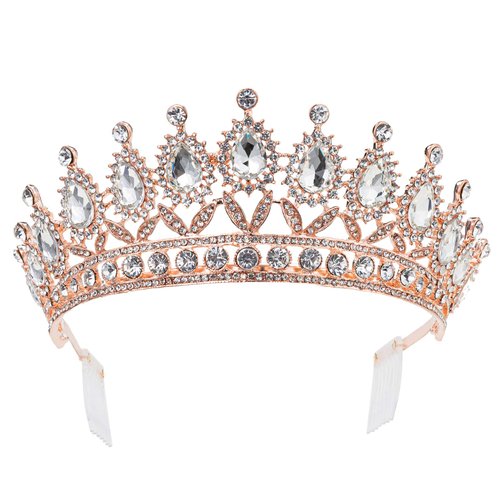 Weddingtopia Crystal Rose Gold Wedding Tiara For Bride Plus Wedding Rhinestone Necklace and Earring Set – Rhinestone Bridal Tiara Crown with side combs (ROSE GOLD CLEAR)