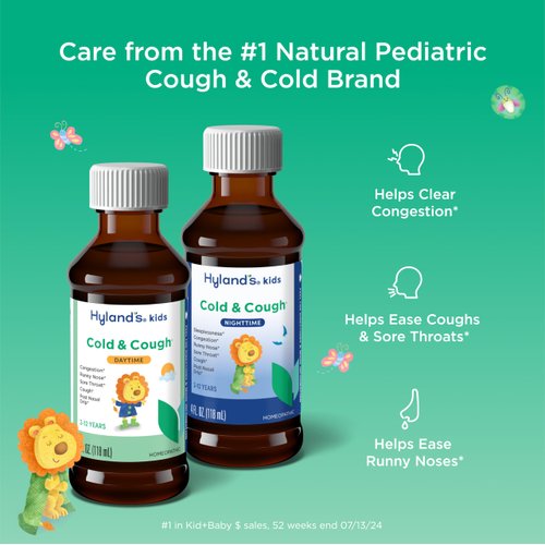Hyland's Kids Cold and Cough, Day and Night Combo Pack, Cold Medicine for Ages 2 and up, Syrup Cough Medicine for Kids, Nasal Decongestant, 4 Fl Oz (Pack of 2)