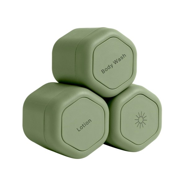 Cadence Travel Containers - Body Care Capsule Set - Magnetic Travel Capsules - For Body Wash, Lotions, Sunscreens - 3 Flex Mediums (1.32oz) with Body Wash, Lotion, & Sun Icon Labels - Eucalyptus