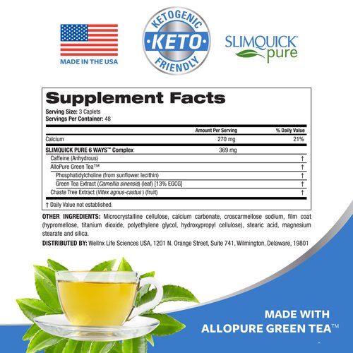 Slimquick Pure 3x Regular Strength Pills for Women to Help Achieve Weight Goals, Helps Metabolism, Lose Excess Water, Keeps Full for Longer with AlloPure Green Tea, Caffine, Caste Tree - 2x72 Capsules