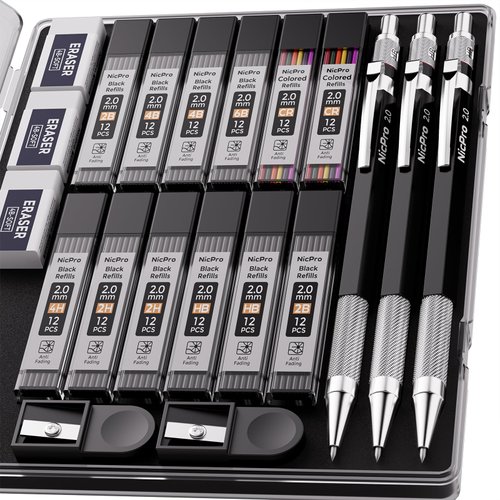 Nicpro 2mm Metal Mechanical Pencil Set with Case, 3PCS Lead Pencil Holder 2.0 mm with 144PCS Lead Refills (4H 2H HB 2B 4B 6B Color), Eraser, Sharpener for Drafting Writing Drawing Sketching