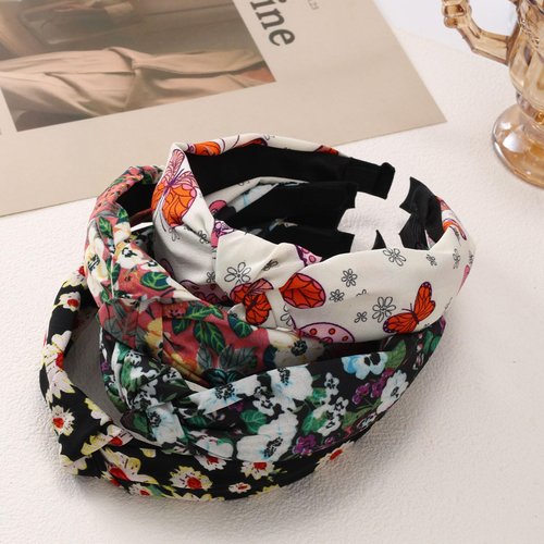LifeDawn 4Pcs Headbands for Women,Floral Pattern Knotted Wide Headbands Cross Knot Hair Bands Vintage Hairband Turban Hoops Twist Headbands Accessories,Style 7