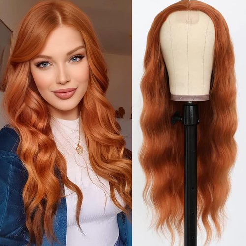 PlatinumHair Ginger Orange Color Loose Wave Wigs for Fashion Women Heat Resistant Copper Red Wigs Long Wavy Synthetic Hair Replacement Wigs 24 Inch