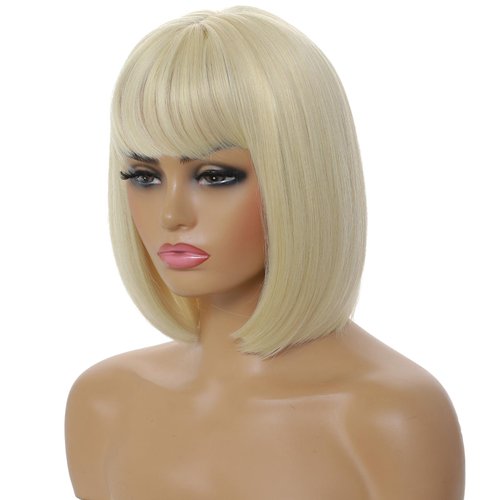 MINLEE Blonde Bob Wig With Bangs for Women 12 Inch Straight Bob Wig Blonde Wigs Synthetic Heat Resistant Colorful Wig for Cosplay Party Use