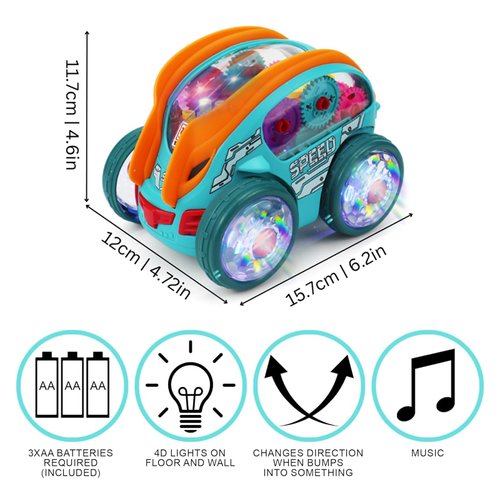 Piegricdiat Speedlite Dynamic Gear-Powered Car with Led Lights, Children's Transparent Luminous Toy Car, Bump and Go Toy Cars with Colorful Moving Gears,Suitable for Children Aged 1-3 Years (1)