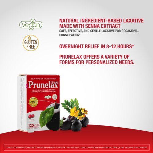 Prunelax Ciruelax Regular Strength Laxative Mini Tablets - Overnight Relief for Occasional Constipation, Senna Extract, Vegan & Gluten-Free, Gentle Relief - 120ct