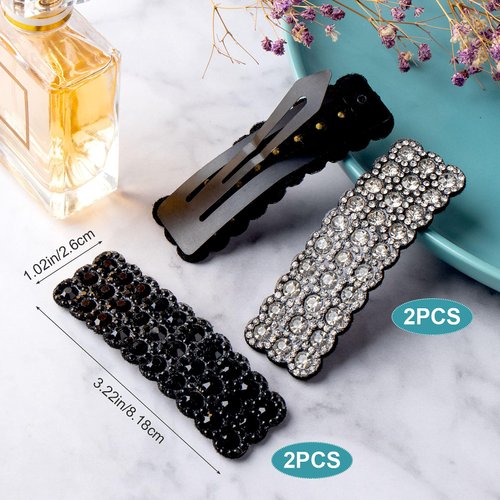 HINZIC 4Pcs Rhinestone Snap Hair Clips Shining Crystal Clips Rectangular Hairpins Korean Barrettes Hair Accessories for Party Wedding Daily Girls Hair Decorative Black+Sliver