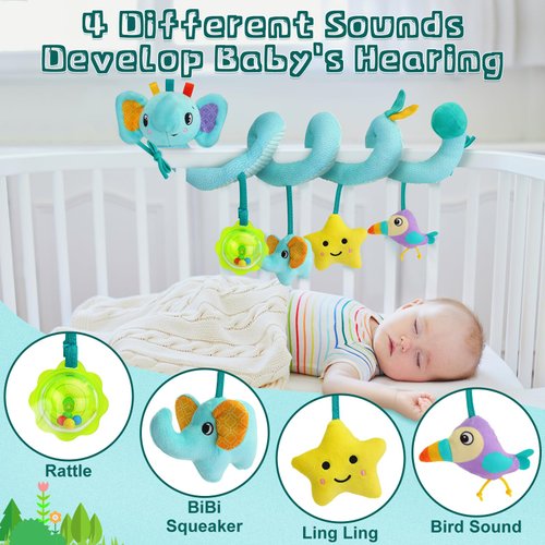 Spiral Car Seat Activity Toy, Stroller Arch Toy, Baby Crib Toys Hanging for Infant Boy Girl Ages 0-12 Months, Newborn Sensory Toy with Rattle, Squeaky, Ringing Bell for Bassinet, Stroller, Crib