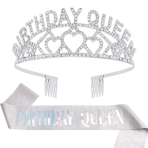 AOPRIE Birthday Tiara for Women Silver Birthday Queen Sash & Headband Happy Birthday Tiara and Crown for Women Rhinestone Crystal Decor
