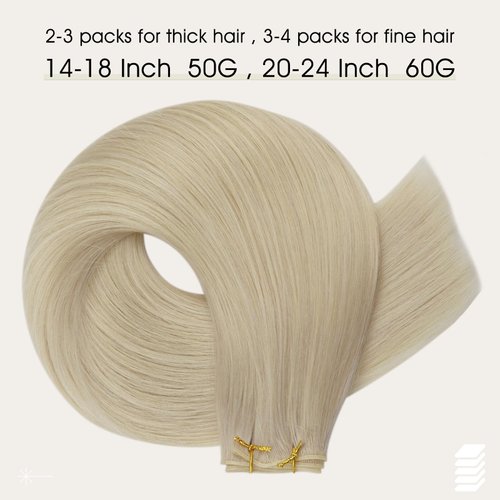 Full Shine Genius Weft Human Hair Extensions Sew In Weft Extensions Real Straight Hair Blonde Human Hair Extensions Hand Tied Weft Extensions Color Platinum Blonde Hair Weft 50G 14 Inch