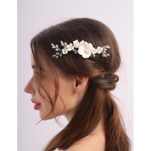 Teyglen Floral Wedding Hair Comb White Flower Bride Wedding Hair Comb with Crystal Hair Accessories for Women Handmade Hair Piece