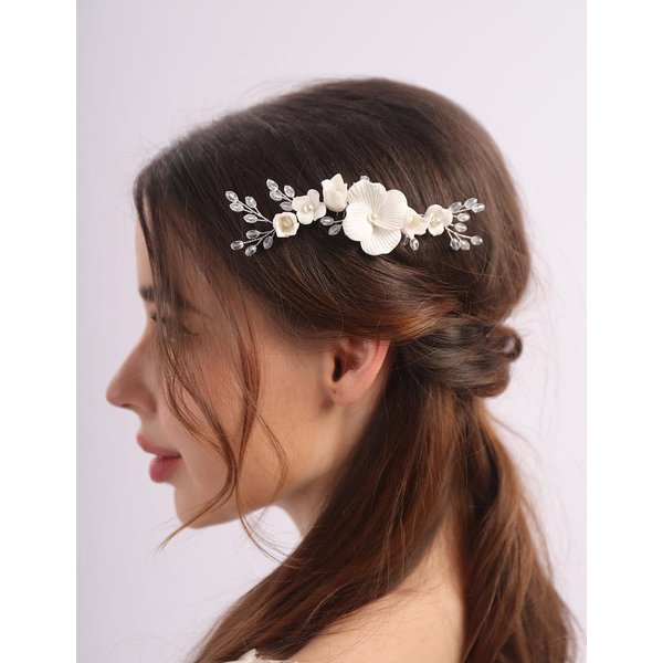 Teyglen Floral Wedding Hair Comb White Flower Bride Wedding Hair Comb with Crystal Hair Accessories for Women Handmade Hair Piece