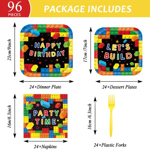 gisgfim 96Pcs Building Block Birthday Party Supplies Colorful Blocks Tableware Sets Square Paper Plates Napkins Forks Building Block Dinnerware Set for Birthday Baby Shower Party Decorations 24 Guests