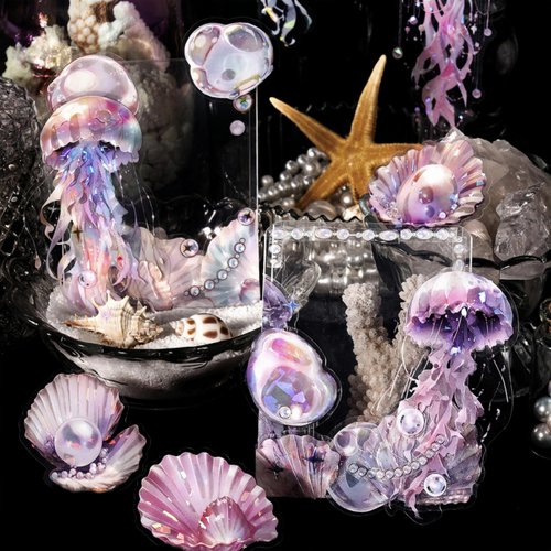 Under The Sea Theme Decor Supplies Jellyfish Bubble Cake Decoration Colorful Glitter Jellyfish shell Party Supplies (Purple)