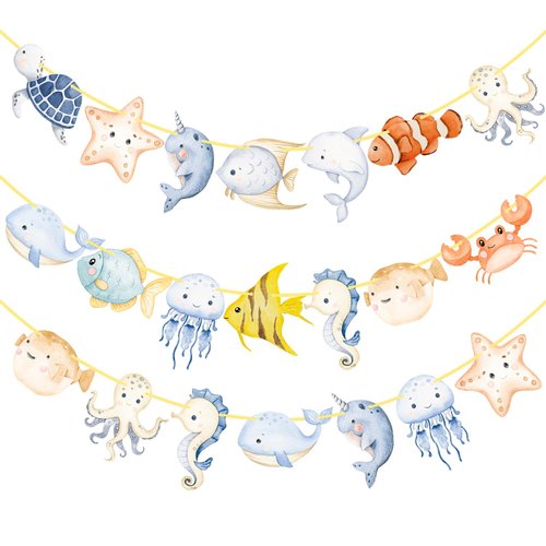 Ocean Animal Banners 2Pcs Sea Animals Birthday Party Cutout Banners Ocean Theme Party Decorations for Under The Sea Baby Shower Supplies