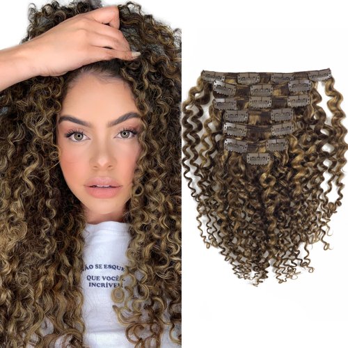 Caliee 18Inch Human Hair Jerry Curly Clip in Hair Extensions Highlight Piano Dark Brown Mixed with Strawberry Blonde for Women 3B 3C Curly Clip ins Real Remy Human Hair Extensions #P4/27 120G 7Pcs