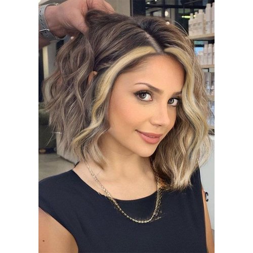 Highlights Color Synthetic Wavy BoB Wigs for Black Women Side Part Short Curly Wavy Bob Wigs Shoulder Length Wig 10" Natural Black Bob Wavy Wigs for Daily Party Use Heat Resistant Fiber(H4/24#)