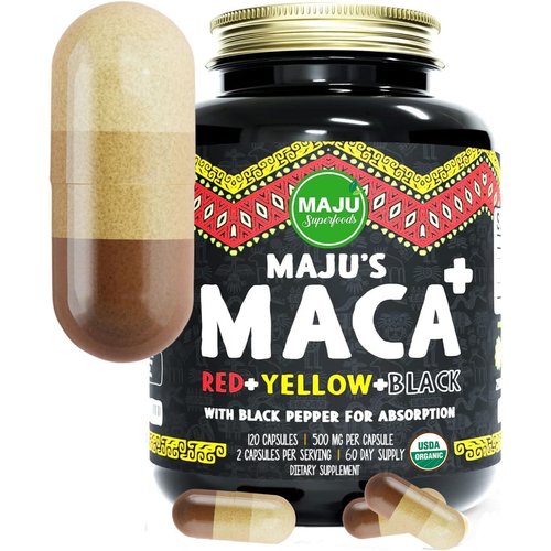 Maju Superfoods 4-in-1 Maca Root Capsules, Organic Black, Yellow & Red Roots w Black Pepper Extract for Absorption (120 ct) | Peru Product, Peruvian Powder, Men & Women Supplement, 60,000 mg