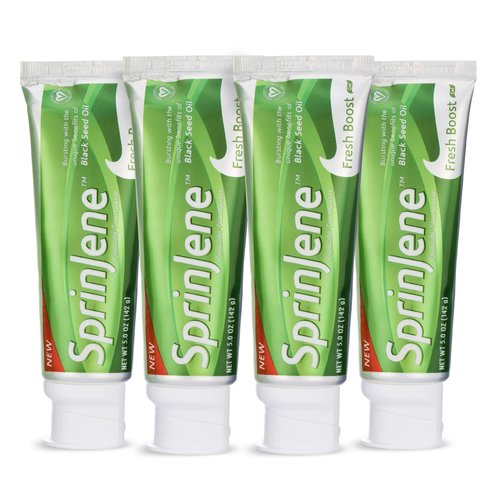 SprinJene Fluoride Toothpaste with Patented Black Seed Oil and Zinc - Certified Vegan, Cruelty-Free, Gluten-Free, Kosher, Halal, Natural Teeth Whitening Toothpaste (Fresh Boost) (4 Pack)