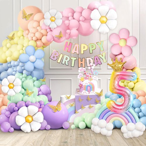 5th Birthday Decorations Girl, Slmeno Daisy Pastel Balloon Arch Kit 219Pcs, 5 Year Old Girl Pastel Rainbow Party Decorations, with Pastel Happy Birthday Banner, Cake Toppers, Gold Butterfly Decoration