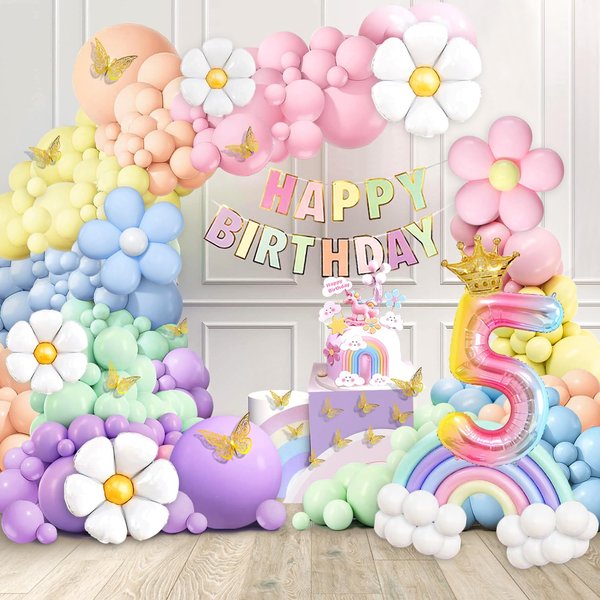 5th Birthday Decorations Girl, Slmeno Daisy Pastel Balloon Arch Kit 219Pcs, 5 Year Old Girl Pastel Rainbow Party Decorations, with Pastel Happy Birthday Banner, Cake Toppers, Gold Butterfly Decoration