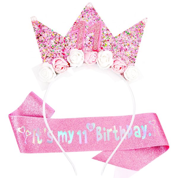 Vovii 11th Birthday Decorations for Girls, Birthday Girl Headband Glitter Sash Set for 11 Year Old Girl Birthday Decoration, Birthday Flower Princess Crown Headband for Happy 11th Birthday Girl Outfit