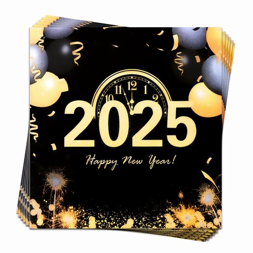 LOLStar Happy New Year 2025 Napkins Disposable 50PCS Black Gold Silver Dinner Paper Napkins 6.5 × 6.5'' Cocktail Napkins for Kitchen Tableware Holiday New Years Eve Party Supplies New Year Decorations