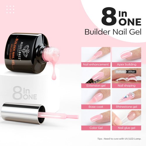 modelones Builder Nail Gel, 8-in-1 Pink Gel Builder for Nail Thickening, LED Nail Lamp Cured Hard Color Builder Nail Polish Base Gel Extension Gel Rhinestone False Nail Tips Glue Gel in a Bottle