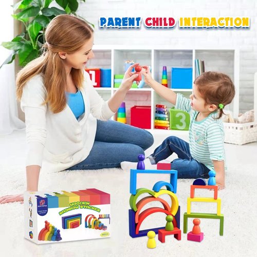 BOZE SUPOD Wooden Toys, Montessori Toys for Kids 3 4 5 6+Years Old Boys Girls Rainbow Stacking Blocks Set Preschool Activites Educational Toy Gifts for Toddler-19PCS