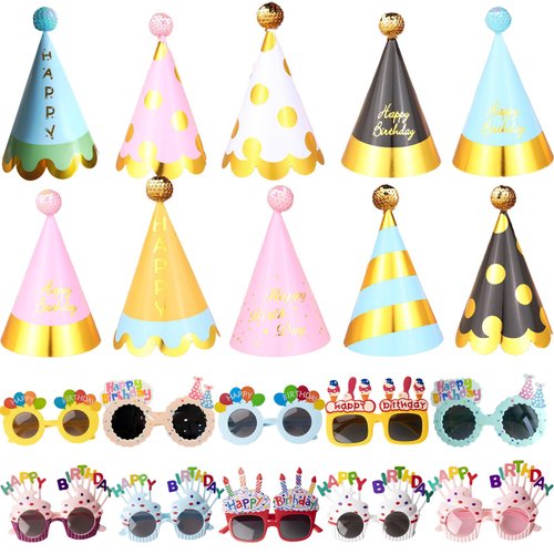 LipLopBest 20 Pcs Birthday Party Hats Sets and Sweet Cream Glasses for Kid Adult Colorful Cone Hats Novelty Sunglasses Happy Birthday Decorations Supplies