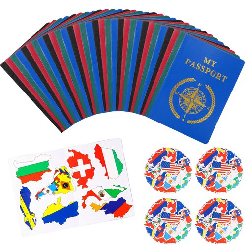 124 Pcs Kids Passport Book with Flags Travel Stickers for Boys and Girls, 4 Colors Passport Book for School Supplies, Wall Decals, Collections, Scrapbooks, Game Prizes, Party Favors, Arts Crafts