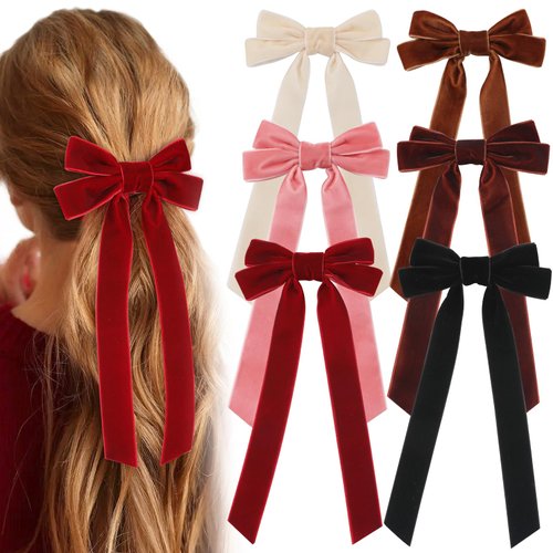 Unbednigt 6PCS Velvet Hair Bows, Bow Hair Clips with Long Tail, Christmas Red Hair Bows for Women Girls Toddler, Cute Hair Ribbon Barrette Ponytail Holder Alligator Clips Accessories