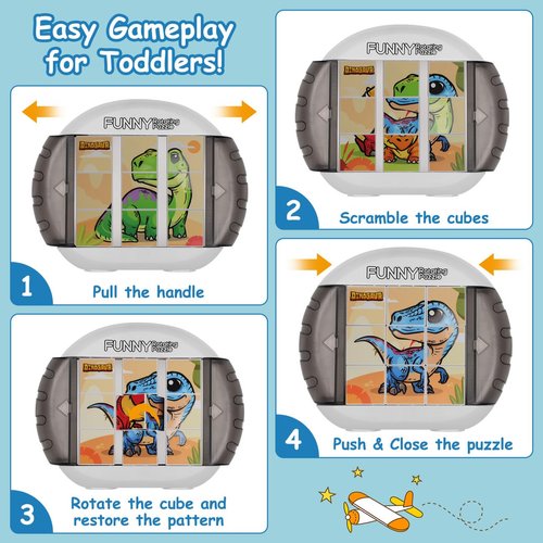 Fullware Rotating Puzzle for Kids 3 4 5 6 7 8 Year Old, 4 Puzzles in 1, Toddlers Travel, Car, Airplane, Road Trip Activities, Fine Motor Skills, Fidget, Gift for Boys & Girls Ages 3+ (Dinosaur)