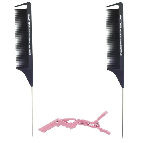 MRS GWEN HAIR & ACCESSORIES Rat Tail Comb 2pc Hook Pin Tail Carbon Comb Anti-static Heat Resistant Fine-Tooth Parting Styling Loc Comb & an Alligator Hair Clip (4mm Thickness)