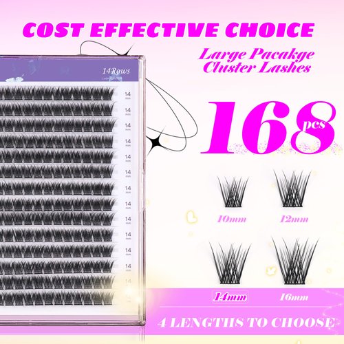 GAQQI Lash Clusters, GQ03 False Eyelashes DIY Lash Extensions C Curl 168PCS Cluster Lashes 14MM, Wispy and Natural Lash Wisps (GQ03,14mm,C Curl)