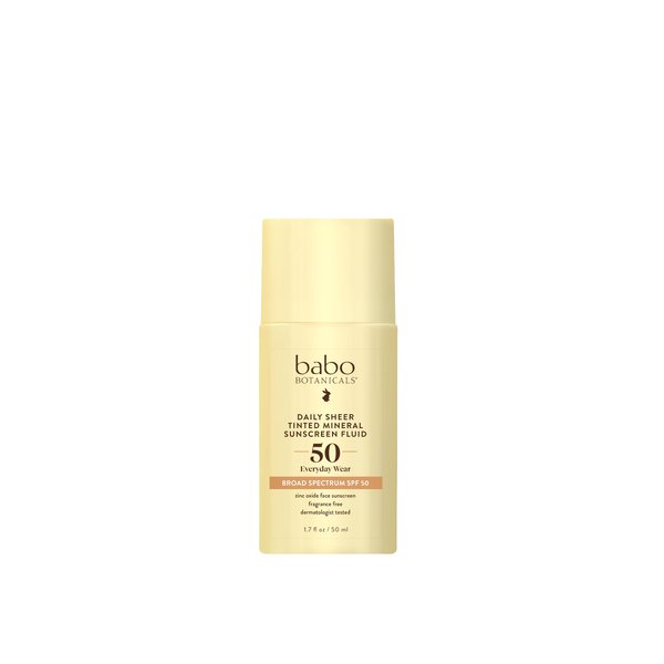 Babo Botanicals Daily Sheer Tinted Mineral Sunscreen Fluid SPF50 - Natural Zinc Oxide - Passion Fruit Oil - Golden-Hued Tint - Fragrance Free - Ultra-Lightweight - For Face - For all ages