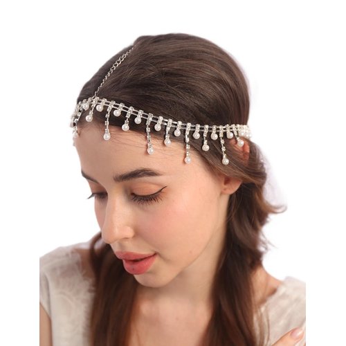Teyglen Boho Pearl Rhinestone Tassel Head Chain Silver Wedding Headpiece Bridal Crystal Headband Costume Hair Accessories for Women Festival Party (Silver)