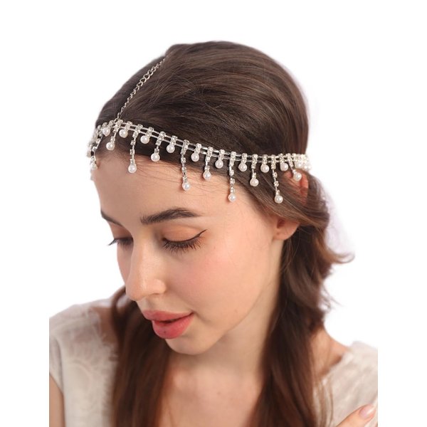 Teyglen Boho Pearl Rhinestone Tassel Head Chain Silver Wedding Headpiece Bridal Crystal Headband Costume Hair Accessories for Women Festival Party (Silver)
